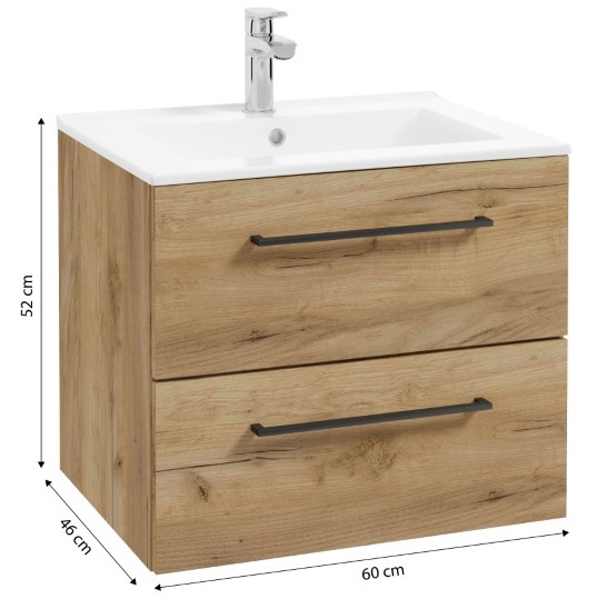Badrumsskåp med handfat 60 cm, hängande, hantverksek, mjukstängande Pinia