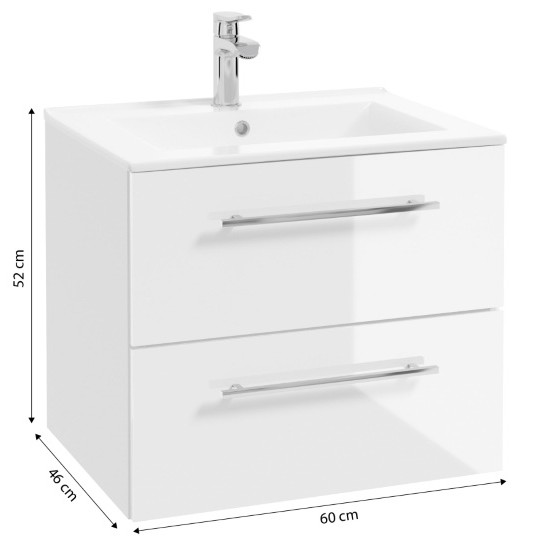 Badrumsskåp med handfat 60x50, vägghängt, vit Pinia, med avlång kromblandare
