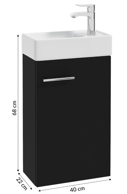 Musta seinälle ripustettava kylpyhuoneen kaappi, jossa 60x40 pesuallas ja pieni krominen kompaktihana