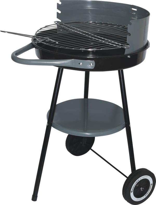 Rund träkolsgrill med hyllplan och hjul