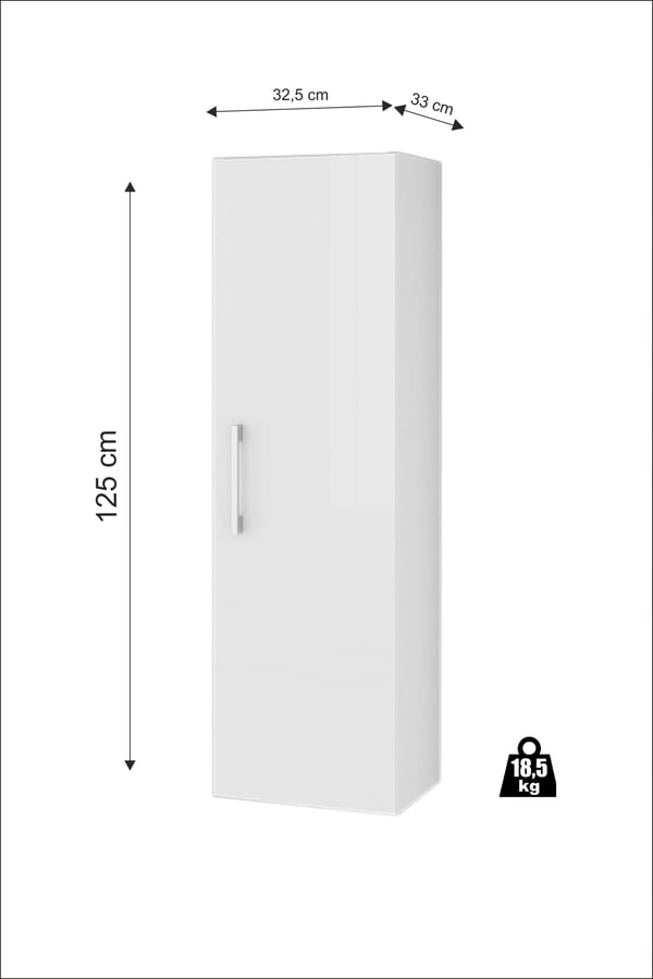 Væghængt badeværelsessøjle, hvid højglans, 125x33 cm, soft-close Pinia