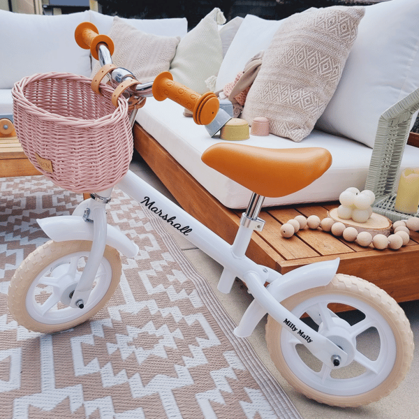 Kurv til løbecykel, lyserød, med stropper, Dumpy MINI.