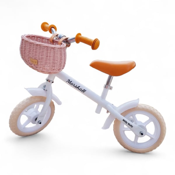 Kurv til løbecykel, lyserød, med stropper, Dumpy MINI.