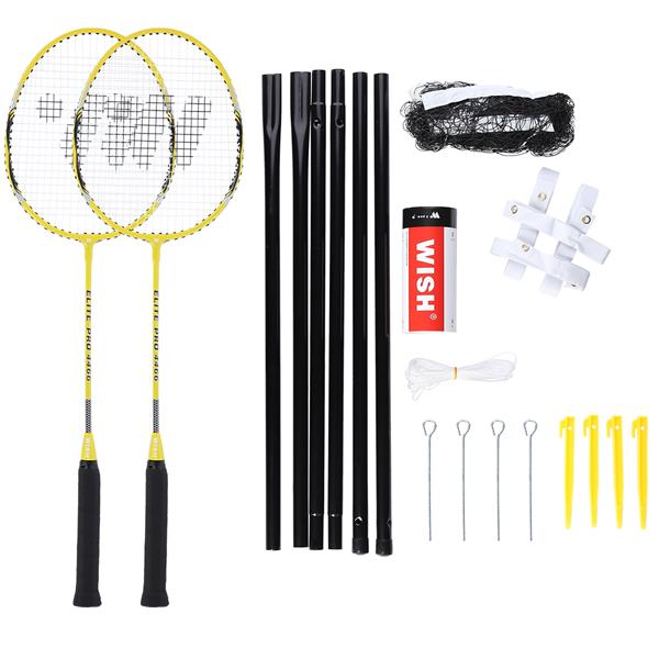 ALUMTEC 4466 badmintonracketset gul 2st + fjäderboll 3st + nät + linor WISH