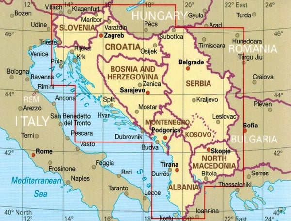 Vestbalkan 1:725.000. Albanien, Bosnien-Hercegovina, Kroatien, Kosovo, Makedonien, Montenegro, Serbien, Slovenien. Vandtæt vejkort.
