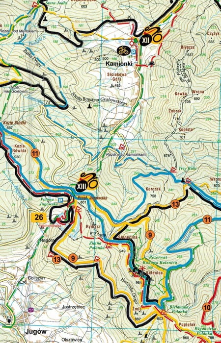 MTB Sudeterne: Uglebjergene, Stenbjergene, Wałbrzychbjergene, Bardbjergene, Mieroszówbjergene. Vandtæt turistkort over cykelruter. 2023-udgave. Galileos