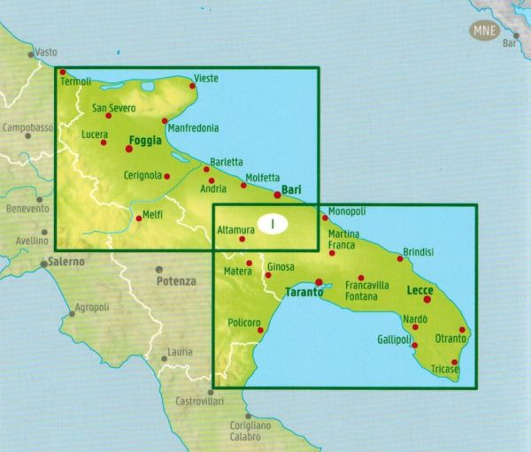 Apulia. Bari, Brindisi, Taranto. Tie- ja turistikartta. Vuoden 2023 painos. Freytag & Berndt