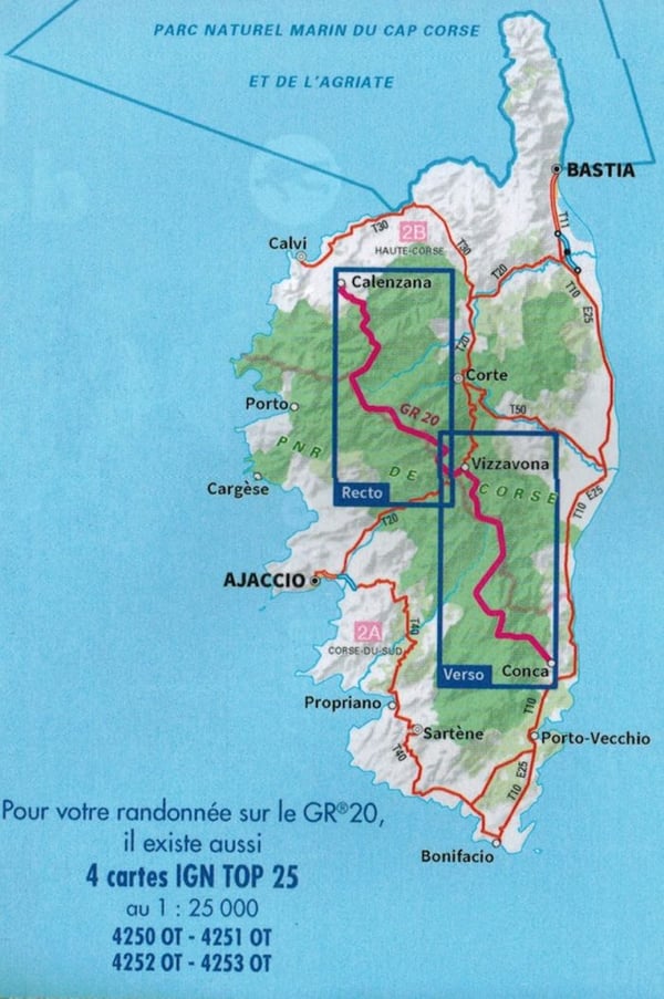 Korsika - rute gr. 20 1:50 000. Turistkort. IGN