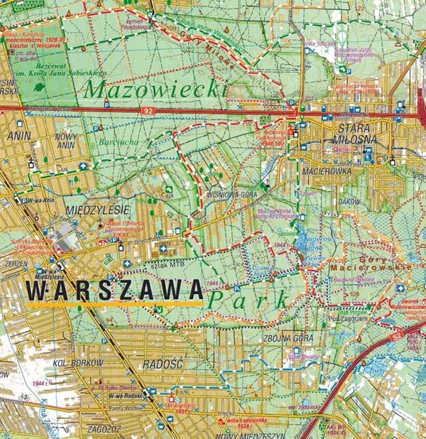 Det sydlige Warszawa-område 1:50.000. Landskabsparkerne Chojnów og Mazowiecki. Turistkort. Udgave 2024. Kompas