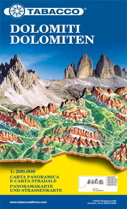 Dolomitterne, Gardasøen, Venedig. Panoramakort over biler og turister. Tobak