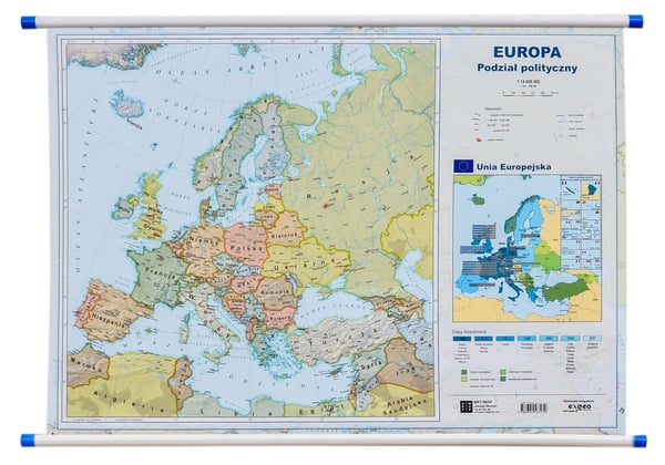 Europa. Politisk og fysisk kort. Dobbeltsidet vægkort.