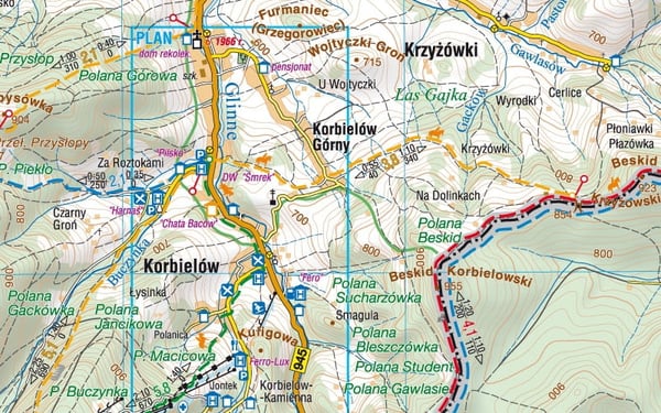 Żywiec Amt 1:60.000. Korbielów, Milówka, Rajcza, Ujsoły, Węgierska Górka, Zwardoń, Żywiec. Beskid Mały og Żywiecki-bjergene. Turistkort / Plan