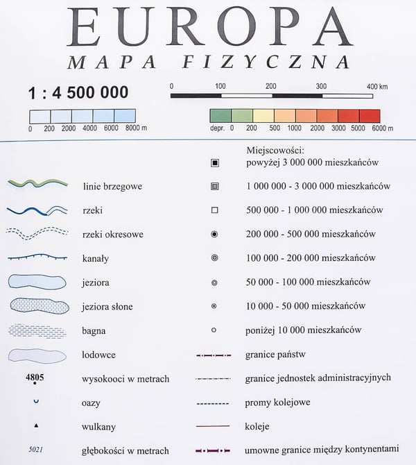 Eurooppa 1:4 500 000. Fyysinen seinäkartta (yleinen maantieteellinen)
