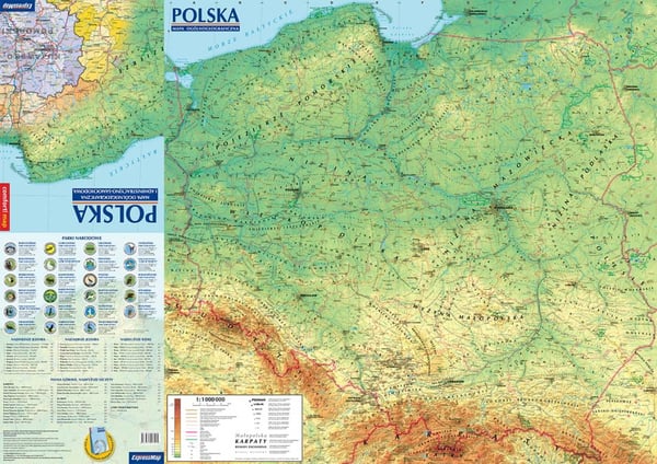 Polen. Lamineret XXL-kort. Generelt geografisk, administrativt og vejkort. 2025-udgave. ExpressMap