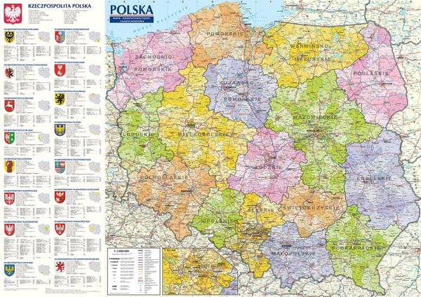 Polen. Lamineret XXL-kort. Generelt geografisk, administrativt og vejkort. 2025-udgave. ExpressMap