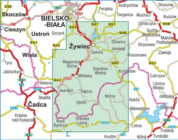 Żywiec Amt 1:60.000. Korbielów, Milówka, Rajcza, Ujsoły, Węgierska Górka, Zwardoń, Żywiec. Beskid Mały og Żywiecki-bjergene. Turistkort / Plan