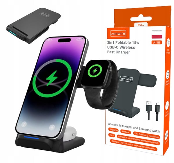 Hopfällbar 3-i-1-laddare för TWS Apple Watch A11B