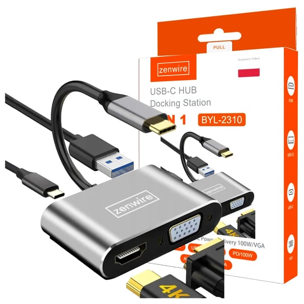 Adapterhubb USB-C 4-i-1 HDMI 4K VGA USB-adapter