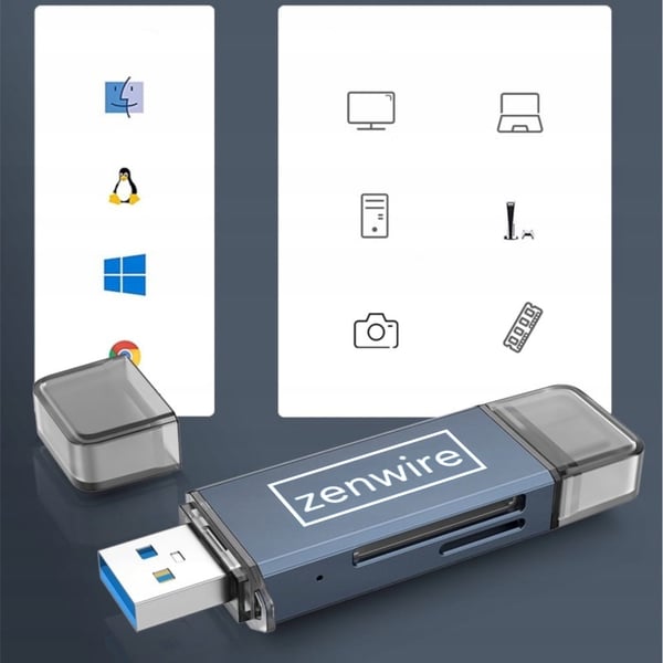 SD-muistikortinlukija USB 3.0 USB-C 4-in-1 -sovitin SD + micro SD TF 5 Gb/s jopa 2 TB Zenwire BYL-2218TU
