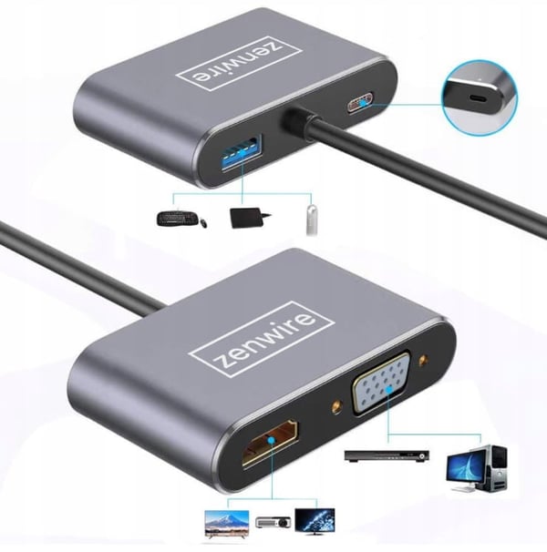Adapterhubb USB-C 4-i-1 HDMI 4K VGA USB-adapter