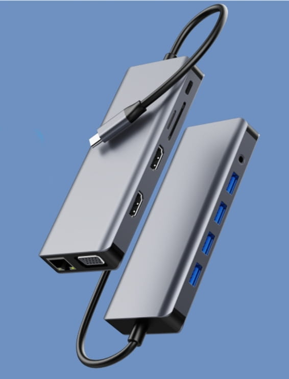 Adapterhubb 12-i-1 USB-C 2x HDMI VGA USB-uttag SD LAN