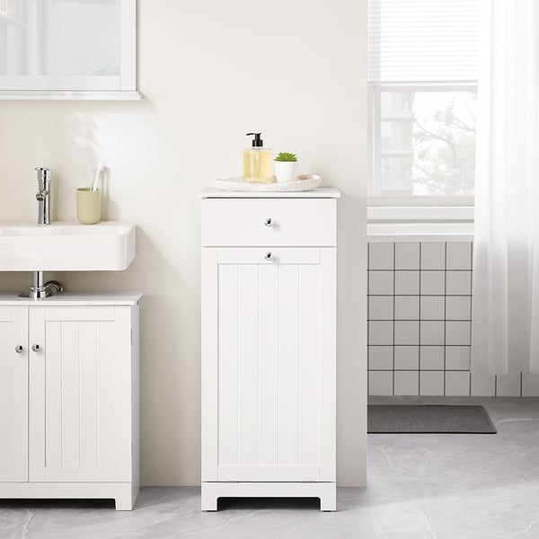 SoBuy Hvid Badeværelsesskab 40x38x91cm - Med vasketøjskurv og skuffe BZR21-II-W