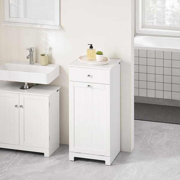 SoBuy Hvid Badeværelsesskab 40x38x91cm - Med vasketøjskurv og skuffe BZR21-II-W