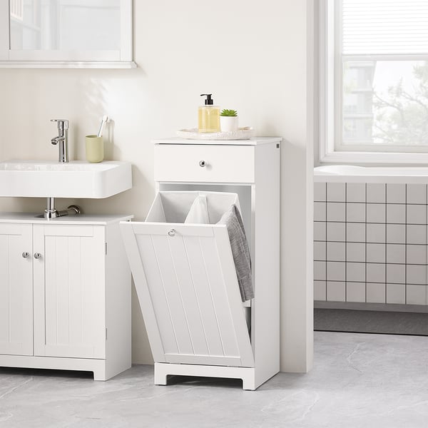 SoBuy Hvid Badeværelsesskab 40x38x91cm - Med vasketøjskurv og skuffe BZR21-II-W