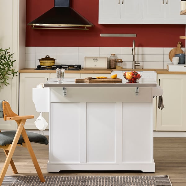 SoBuy Køkkenø med hjul 130x71x91cm – Bordplade i rustfrit stål(udtrækkelig) | Hvid køkkenvogn FKW128-II-ST