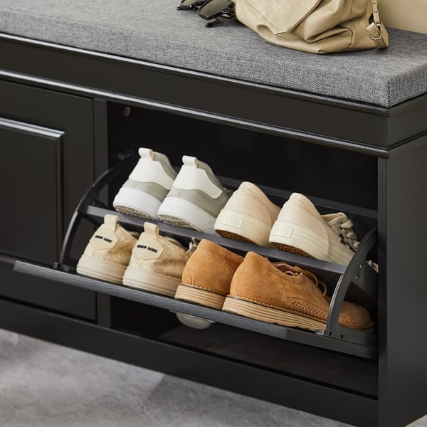 SoBuy Skoskab med bænk og 2 klapdøre – 104×24×51 cm | Pladsbesparende | Sort FSR64-SCH