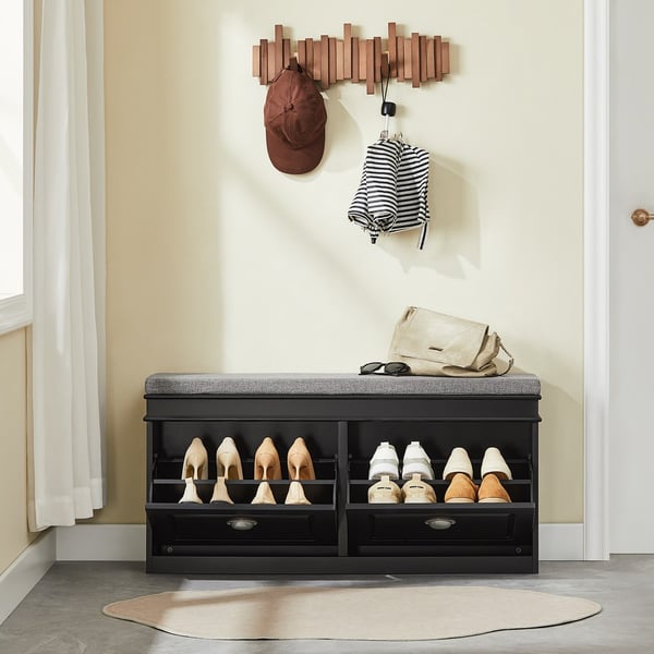 SoBuy Skoskab med bænk og 2 klapdøre – 104×24×51 cm | Pladsbesparende | Sort FSR64-SCH