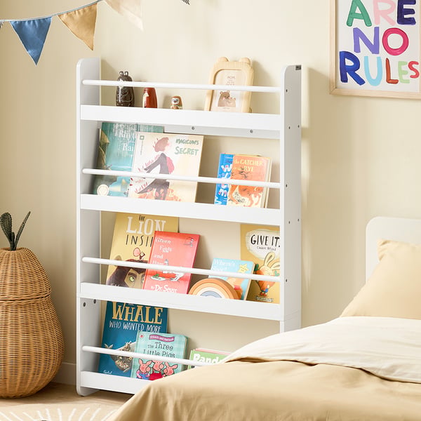 SoBuy vit barnbibliotek med 4 hyllor 80x12x118cm, minimalistisk KMB08-II-W