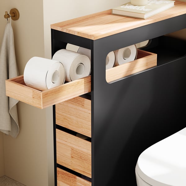 SoBuy Smalt badeværelsesskab med hjul 65x23x82cm – Med 3 skuffer Sort BZR54-II-SCH