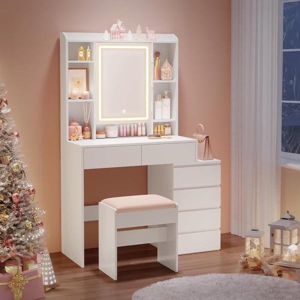 Toiletbord, LED-spejl, justerbare hylder, hvid