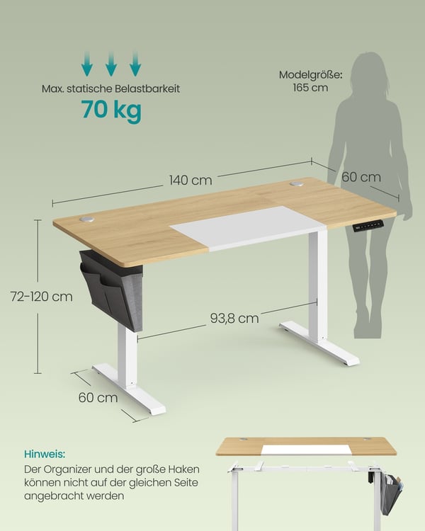 Elektrisk Højdejusterbart Skrivebord, 120x60x72-120 cm, Gul