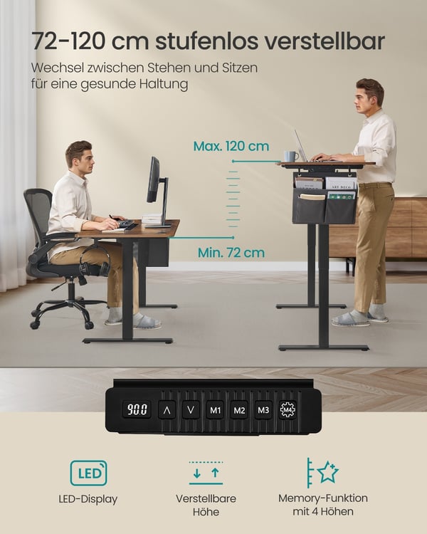 Elektrisk Højdejusterbart Skrivebord, 120x60x72-120 cm, Brun Sort