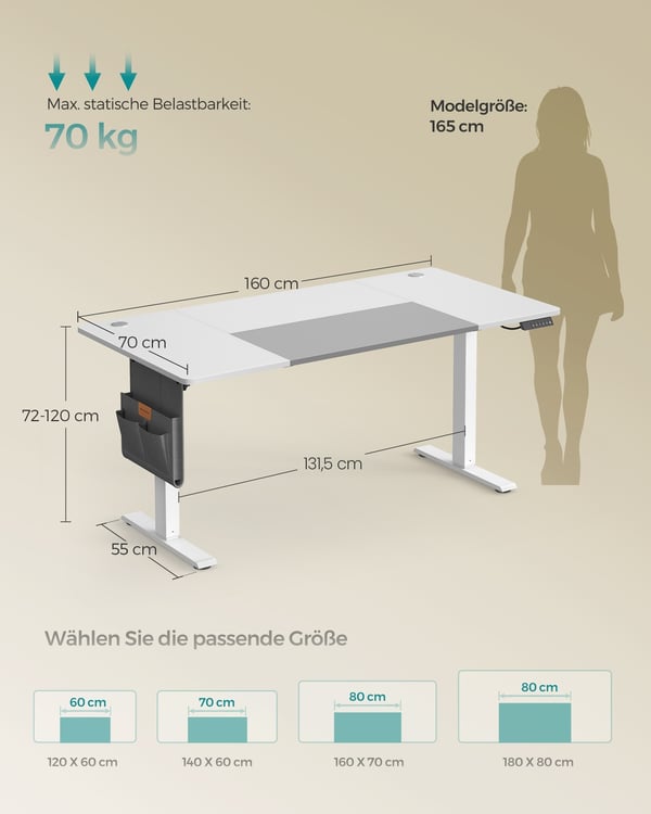 Elektrisk Højdejusterbart Skrivebord, 70x160x72-120 cm, Hvid