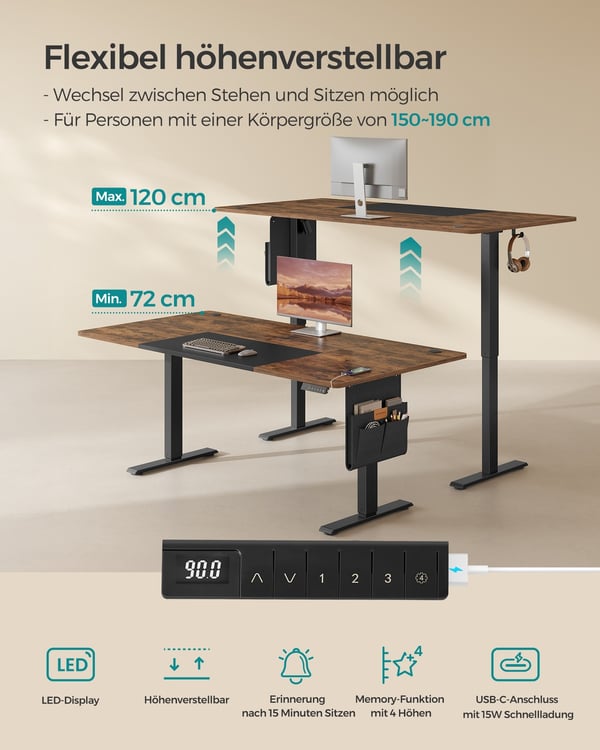 Justerbart skrivebord, 70x160x72-120 cm, brun