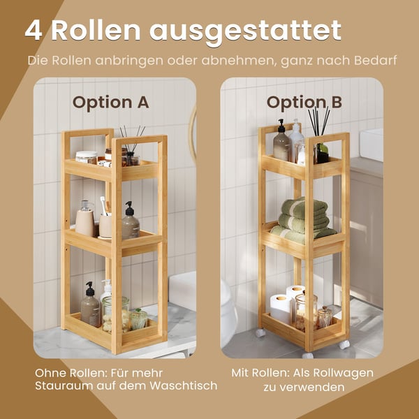 Baderomstralle, Bambus smal hylle, 20x30x80 cm, Beige
