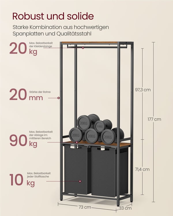Klesvaskkurv med klesstativ, 73x33x177 cm, Brun