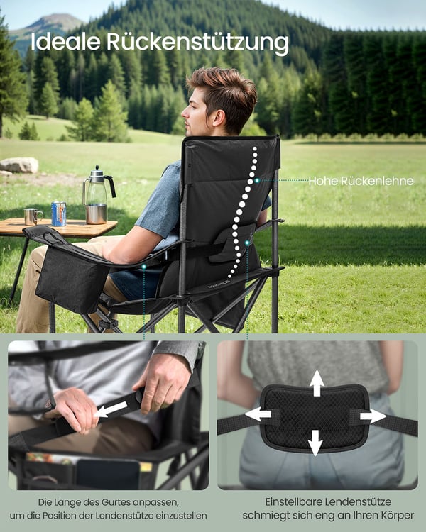 Campingstol, skumpolstring, foldbar, udendørs, høj rygstøtte, sort
