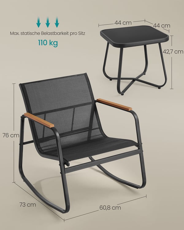Utemøbelsett, Bord 44x44x42,7 cm, Stoler 73x60,8x76 cm, Svart