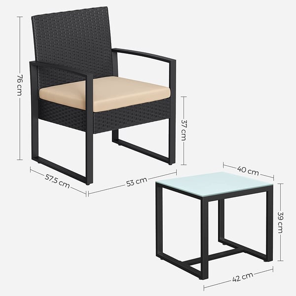 Utemøbelsett, loungesett, 53x57,5x76 cm stoler, 42x40x39 cm bord, svart