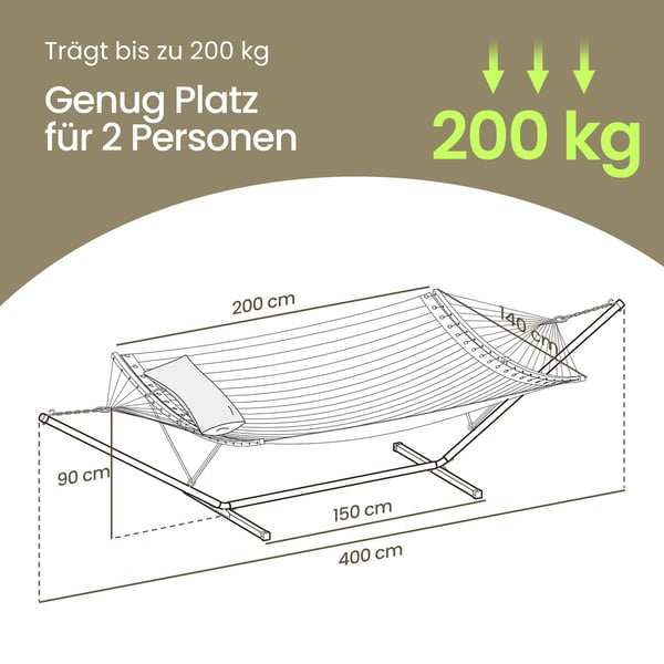 Hengekøye med stativ, metallramme, 400x100x90 cm, svart, grå hengekøye