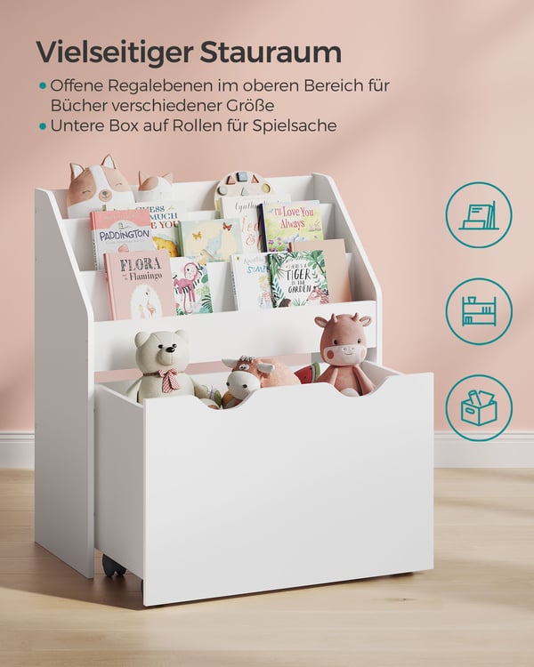 Lekehylle, 3 rom, Uttrekkbar lekekasse med hjul