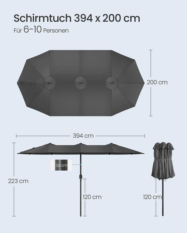 Dobbelt parasoll, 394x200 cm, grå