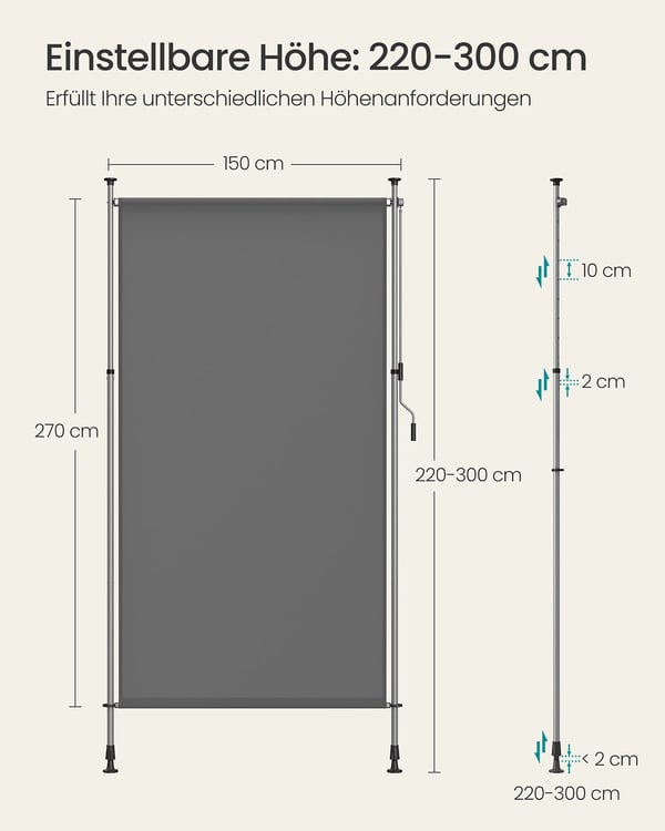 Pystysuuntainen markiisi, 150x220x300 cm, harmaa