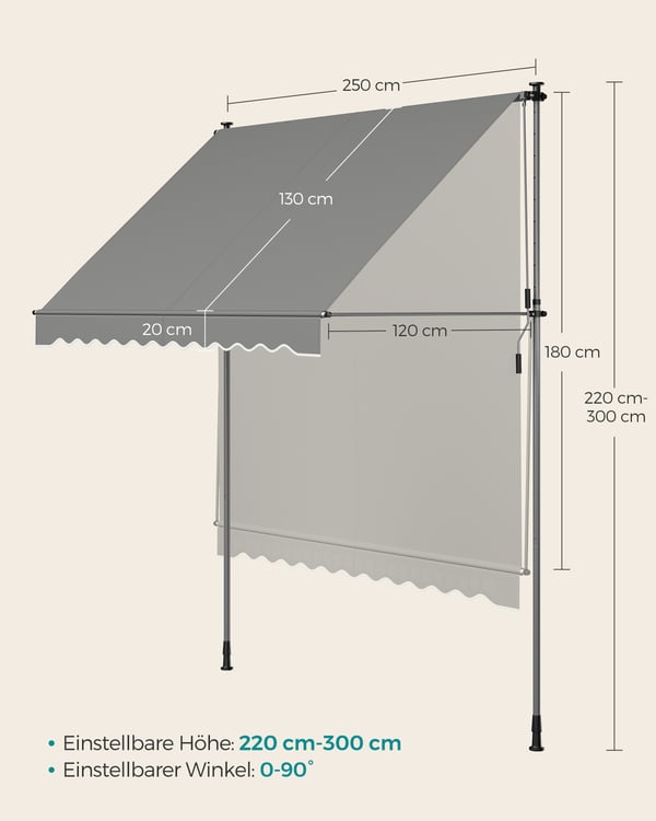 Puristettava markiisi, 250x120 cm, harmaa