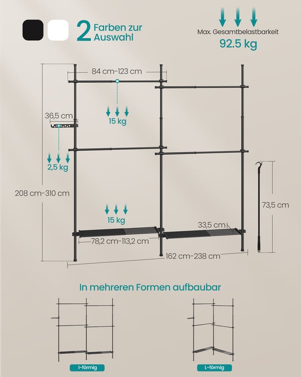 Garderobestativ, 33,5x162x208 cm, Sort