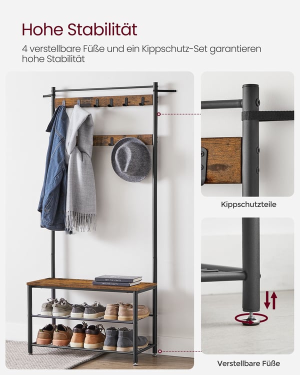 Stumtjener med skohyller, 32x85x175 cm, Brun Svart
